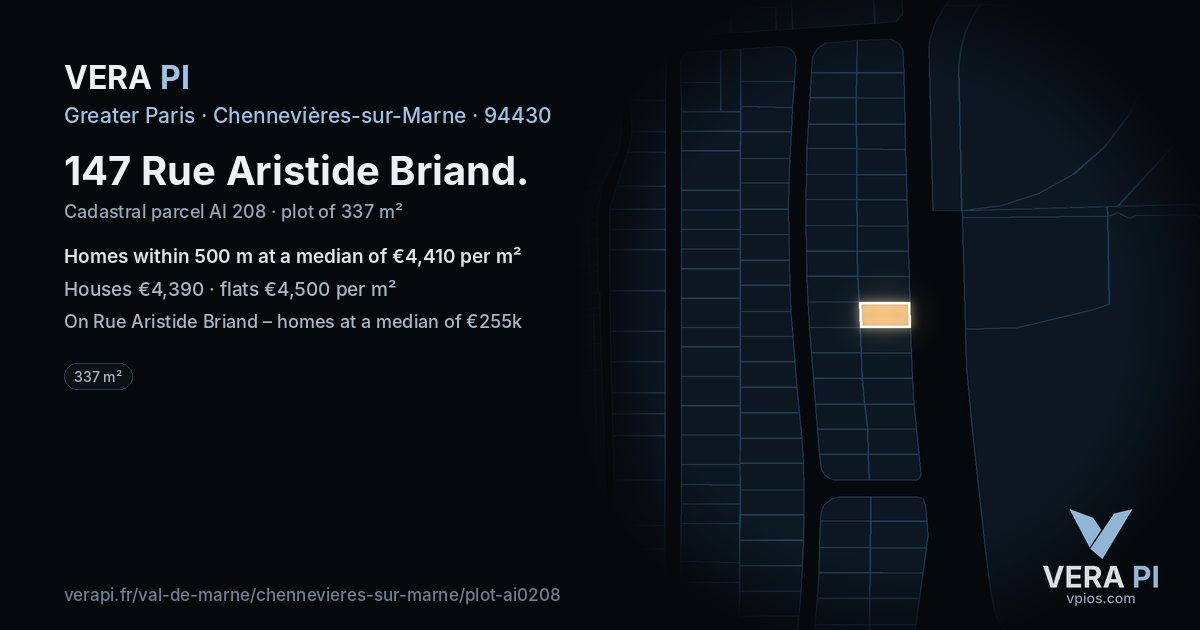 147 Rue Aristide Briand, Chennevières-sur-Marne at night – the plot lit, the parcels around coloured by the prices near them