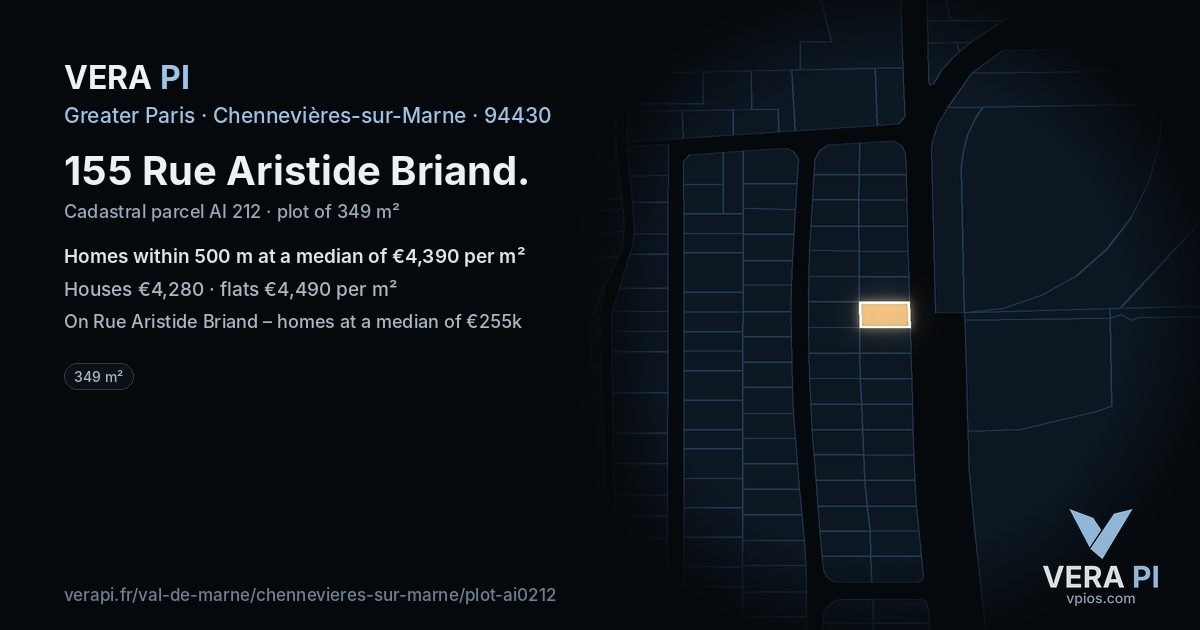 155 Rue Aristide Briand, Chennevières-sur-Marne at night – the plot lit, the parcels around coloured by the prices near them