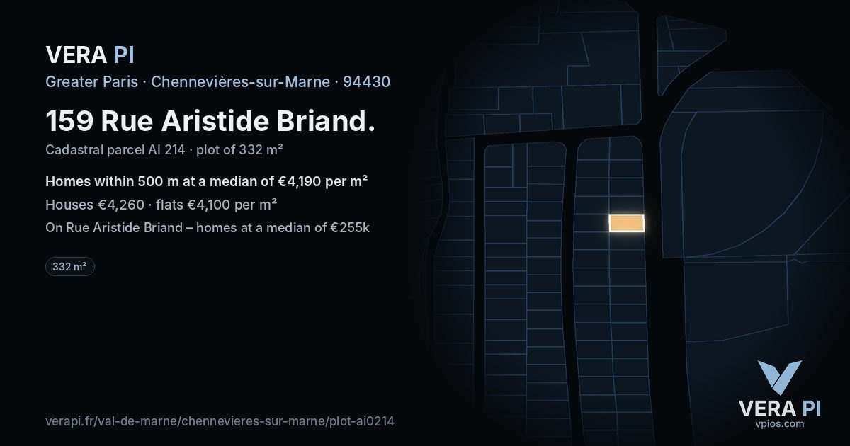 159 Rue Aristide Briand, Chennevières-sur-Marne at night – the plot lit, the parcels around coloured by the prices near them