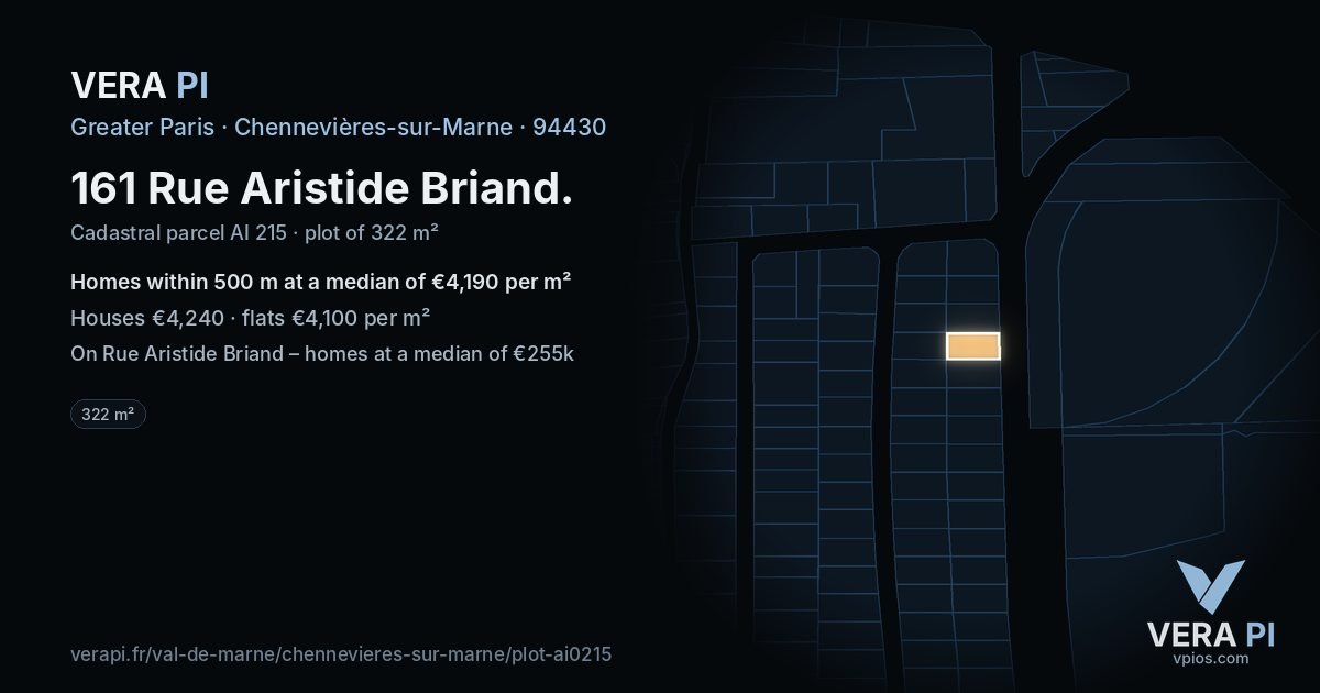 161 Rue Aristide Briand, Chennevières-sur-Marne at night – the plot lit, the parcels around coloured by the prices near them
