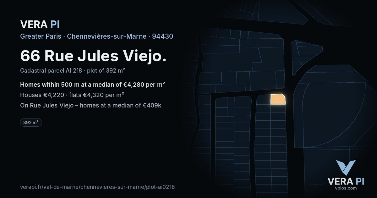66 Rue Jules Viejo, Chennevières-sur-Marne at night – the plot lit, the parcels around coloured by the prices near them
