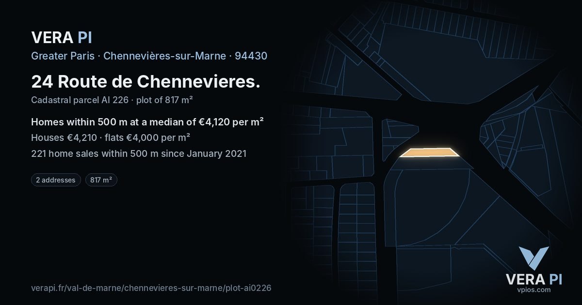 24 Route de Chennevieres, Chennevières-sur-Marne at night – the plot lit, the parcels around coloured by the prices near them