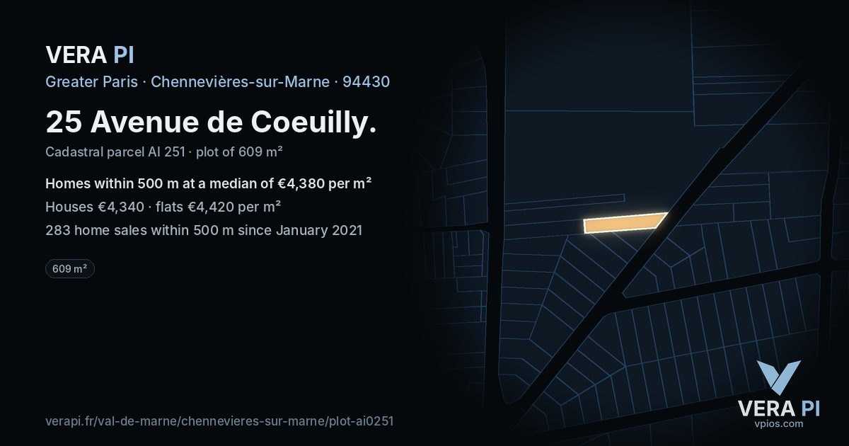 25 Avenue de Coeuilly, Chennevières-sur-Marne at night – the plot lit, the parcels around coloured by the prices near them
