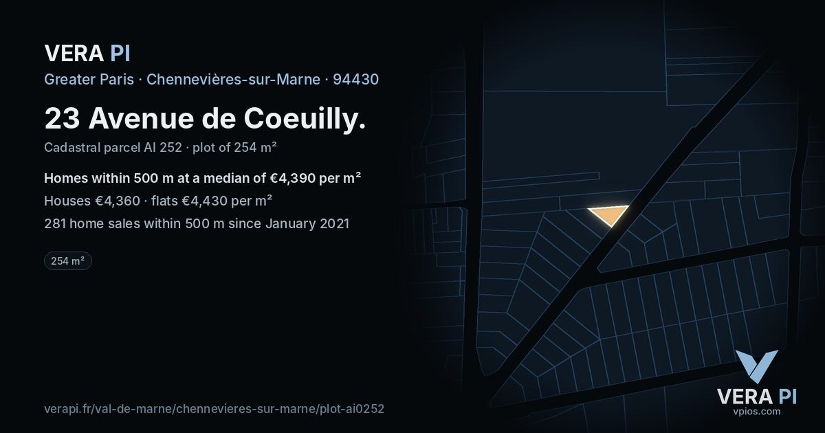 23 Avenue de Coeuilly, Chennevières-sur-Marne at night – the plot lit, the parcels around coloured by the prices near them
