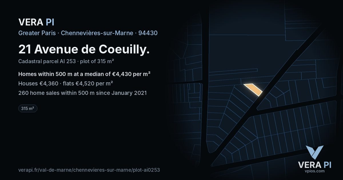 21 Avenue de Coeuilly, Chennevières-sur-Marne at night – the plot lit, the parcels around coloured by the prices near them