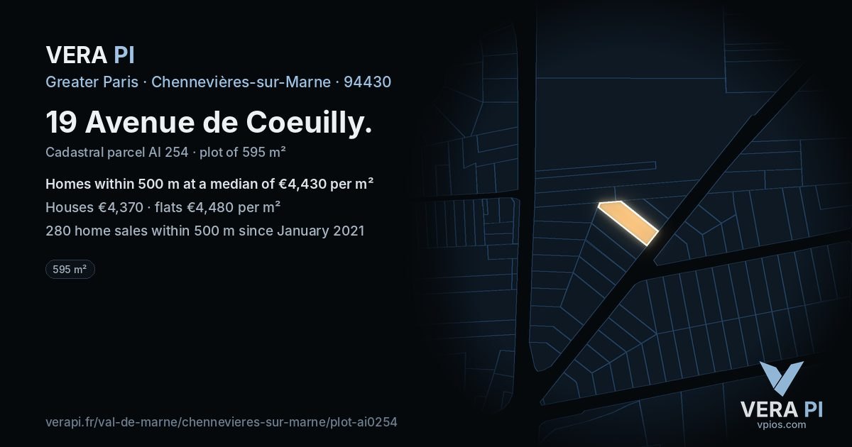 19 Avenue de Coeuilly, Chennevières-sur-Marne at night – the plot lit, the parcels around coloured by the prices near them