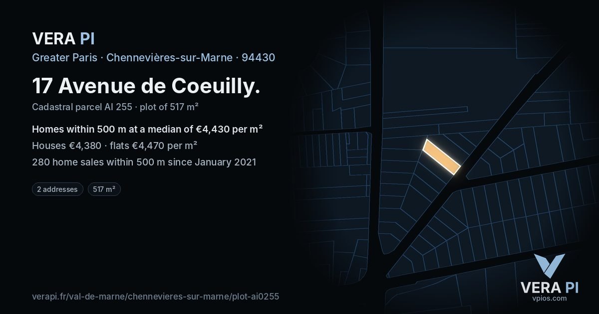 17 Avenue de Coeuilly, Chennevières-sur-Marne at night – the plot lit, the parcels around coloured by the prices near them
