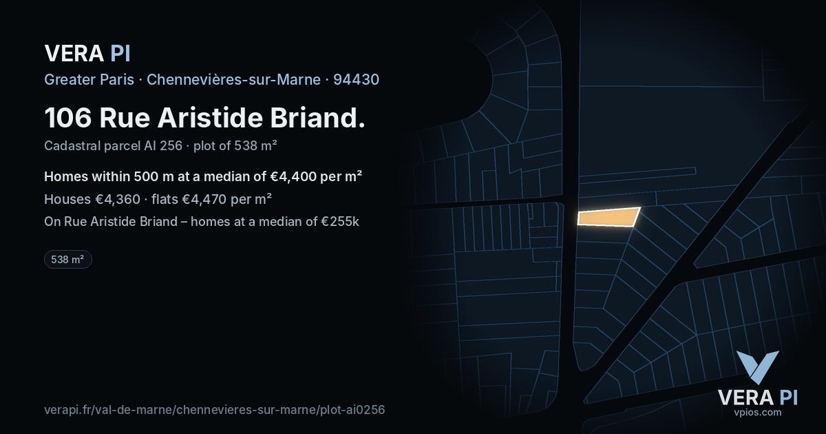 106 Rue Aristide Briand, Chennevières-sur-Marne at night – the plot lit, the parcels around coloured by the prices near them