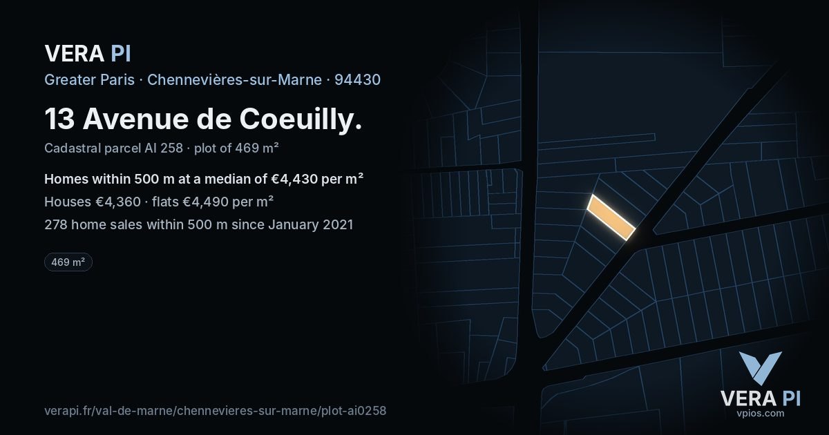 13 Avenue de Coeuilly, Chennevières-sur-Marne at night – the plot lit, the parcels around coloured by the prices near them