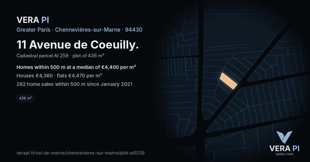 11 Avenue de Coeuilly, Chennevières-sur-Marne at night – the plot lit, the parcels around coloured by the prices near them