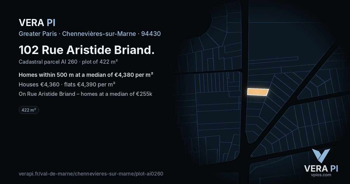102 Rue Aristide Briand, Chennevières-sur-Marne at night – the plot lit, the parcels around coloured by the prices near them