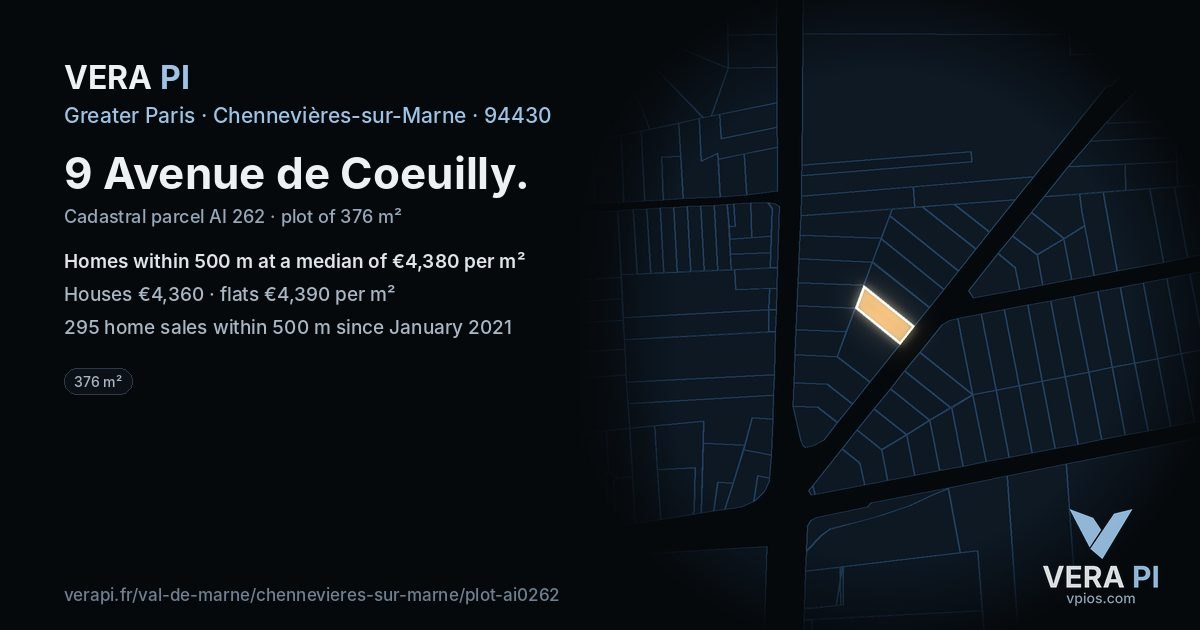 9 Avenue de Coeuilly, Chennevières-sur-Marne at night – the plot lit, the parcels around coloured by the prices near them