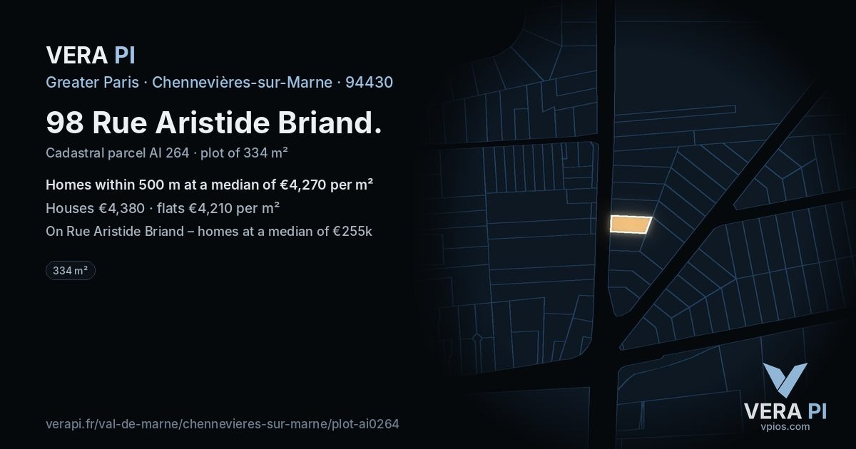 98 Rue Aristide Briand, Chennevières-sur-Marne at night – the plot lit, the parcels around coloured by the prices near them