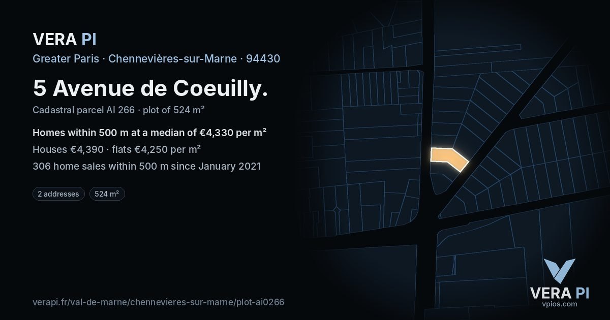 5 Avenue de Coeuilly, Chennevières-sur-Marne at night – the plot lit, the parcels around coloured by the prices near them