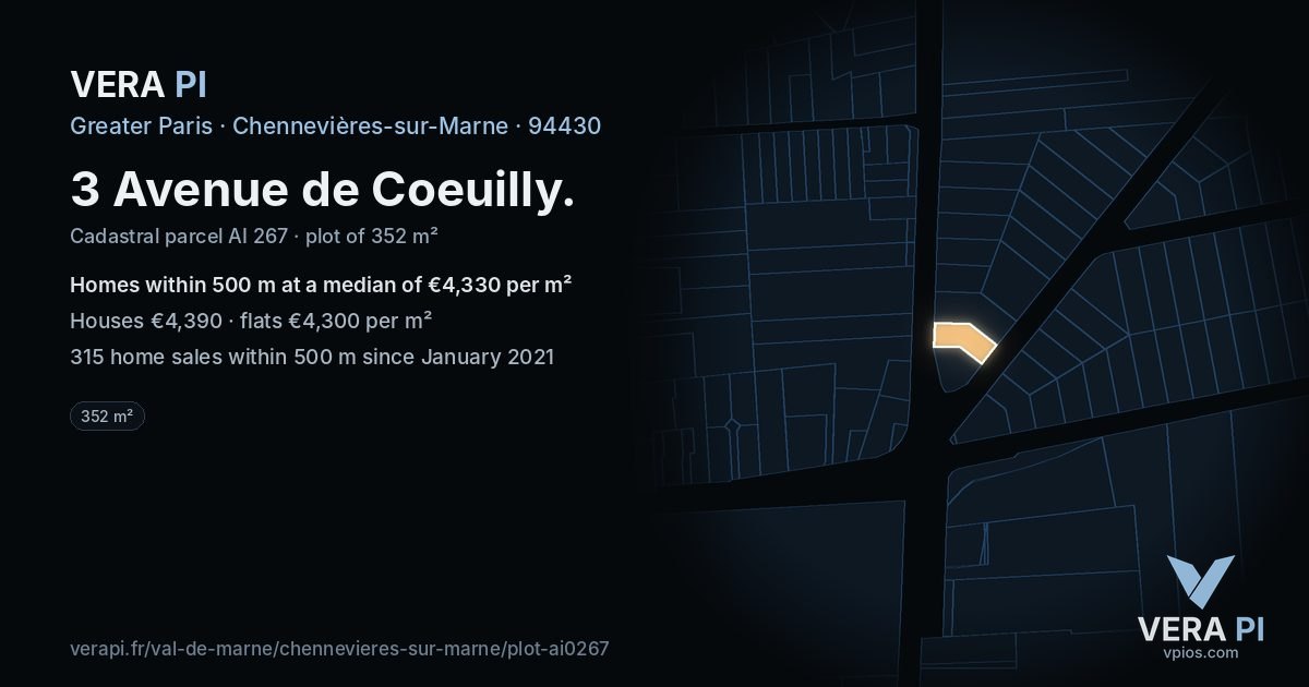 3 Avenue de Coeuilly, Chennevières-sur-Marne at night – the plot lit, the parcels around coloured by the prices near them