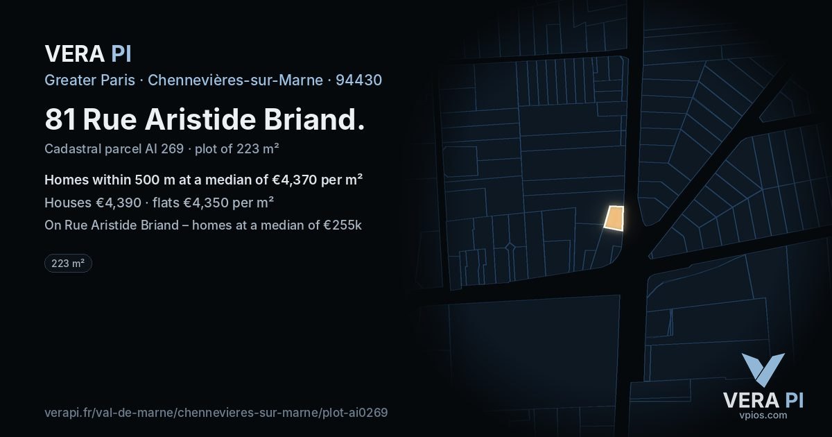 81 Rue Aristide Briand, Chennevières-sur-Marne at night – the plot lit, the parcels around coloured by the prices near them