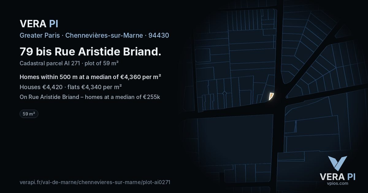 79 bis Rue Aristide Briand, Chennevières-sur-Marne at night – the plot lit, the parcels around coloured by the prices near them