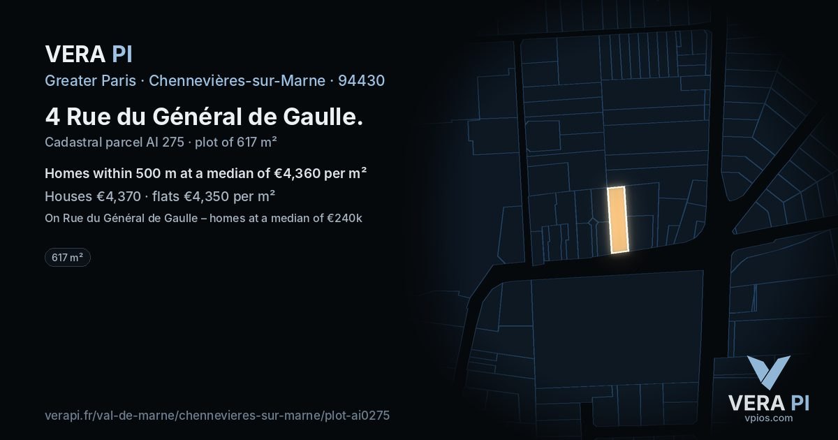 4 Rue du Général de Gaulle, Chennevières-sur-Marne at night – the plot lit, the parcels around coloured by the prices near them