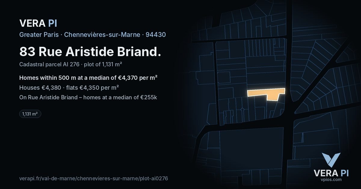 83 Rue Aristide Briand, Chennevières-sur-Marne at night – the plot lit, the parcels around coloured by the prices near them