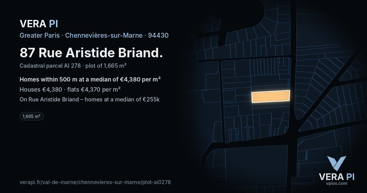 87 Rue Aristide Briand, Chennevières-sur-Marne at night – the plot lit, the parcels around coloured by the prices near them