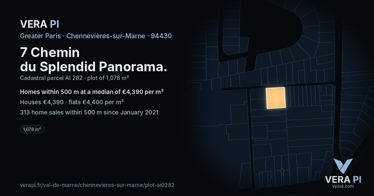 7 Chemin du Splendid Panorama, Chennevières-sur-Marne at night – the plot lit, the parcels around coloured by the prices near them