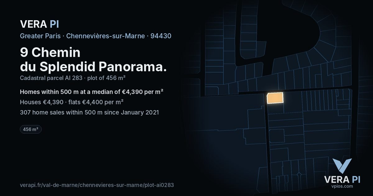 9 Chemin du Splendid Panorama, Chennevières-sur-Marne at night – the plot lit, the parcels around coloured by the prices near them