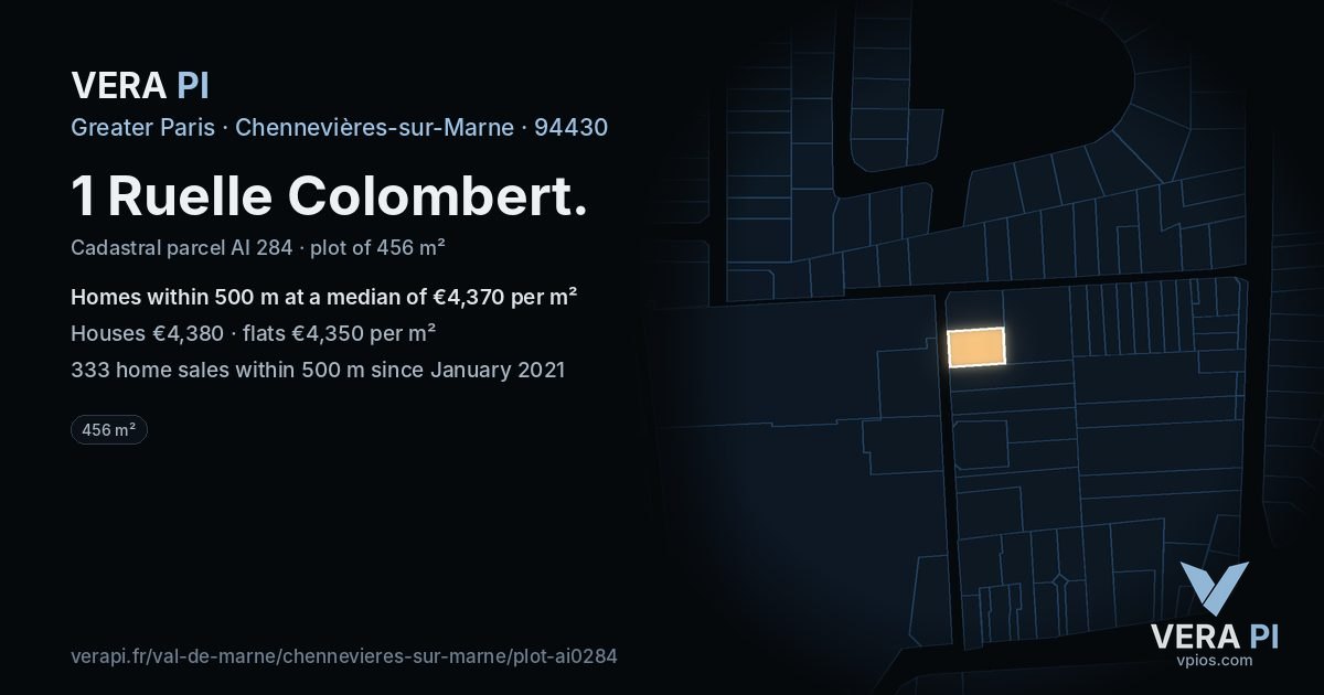 1 Ruelle Colombert, Chennevières-sur-Marne at night – the plot lit, the parcels around coloured by the prices near them