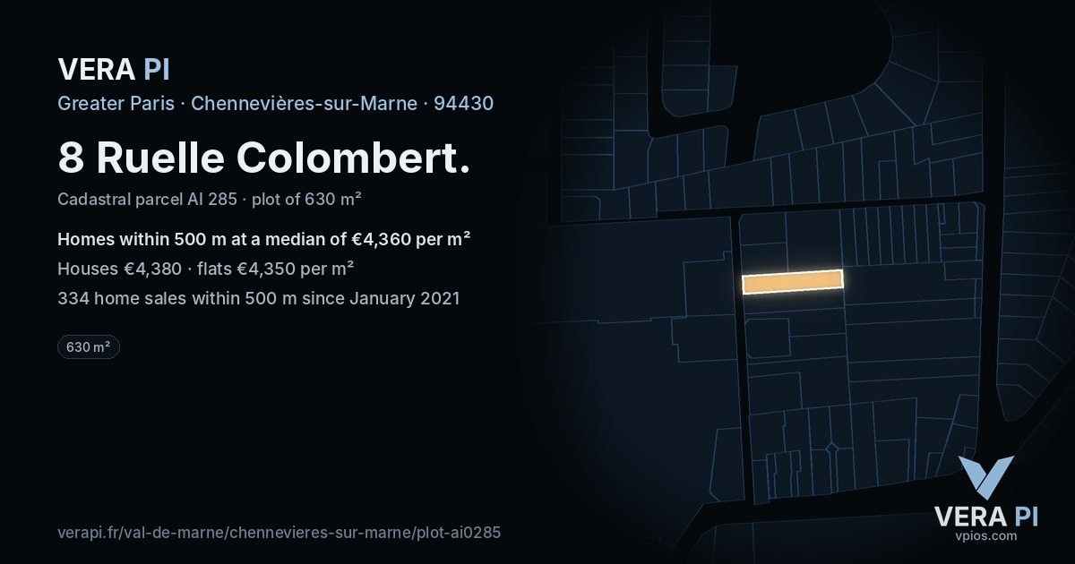 8 Ruelle Colombert, Chennevières-sur-Marne at night – the plot lit, the parcels around coloured by the prices near them