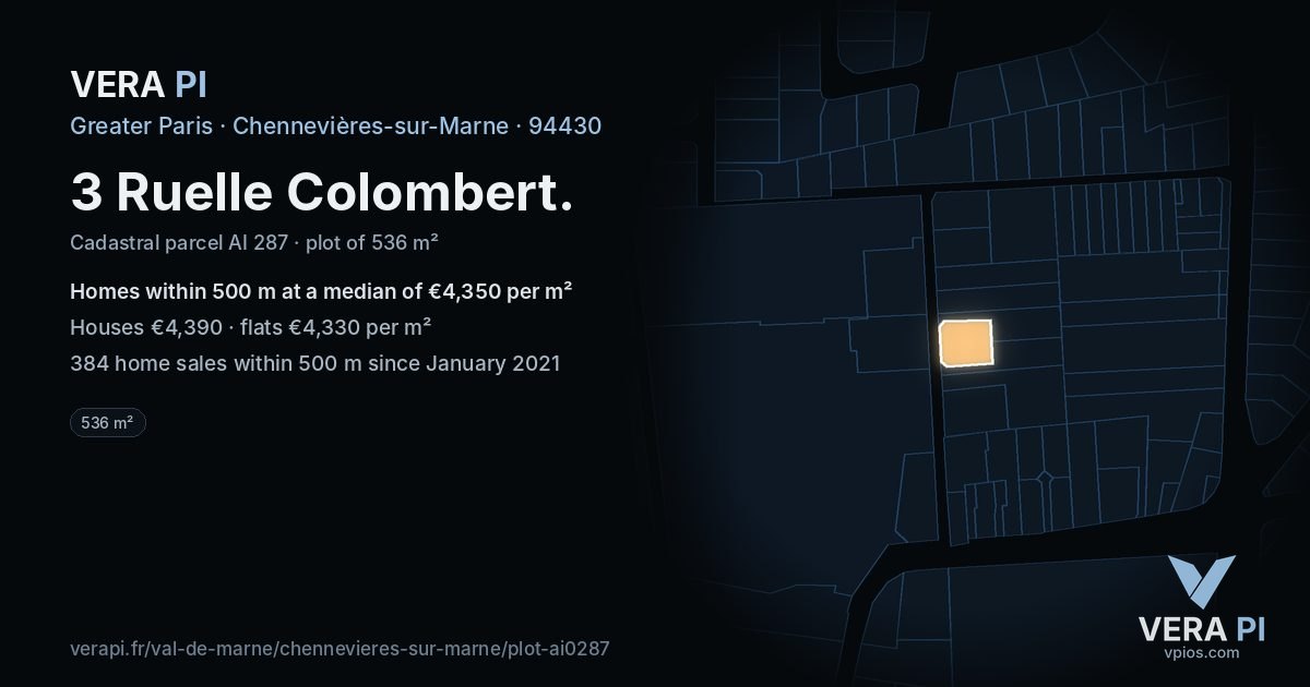 3 Ruelle Colombert, Chennevières-sur-Marne at night – the plot lit, the parcels around coloured by the prices near them
