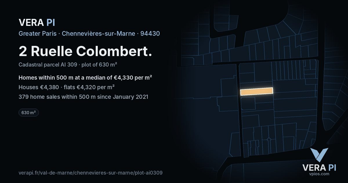 2 Ruelle Colombert, Chennevières-sur-Marne at night – the plot lit, the parcels around coloured by the prices near them