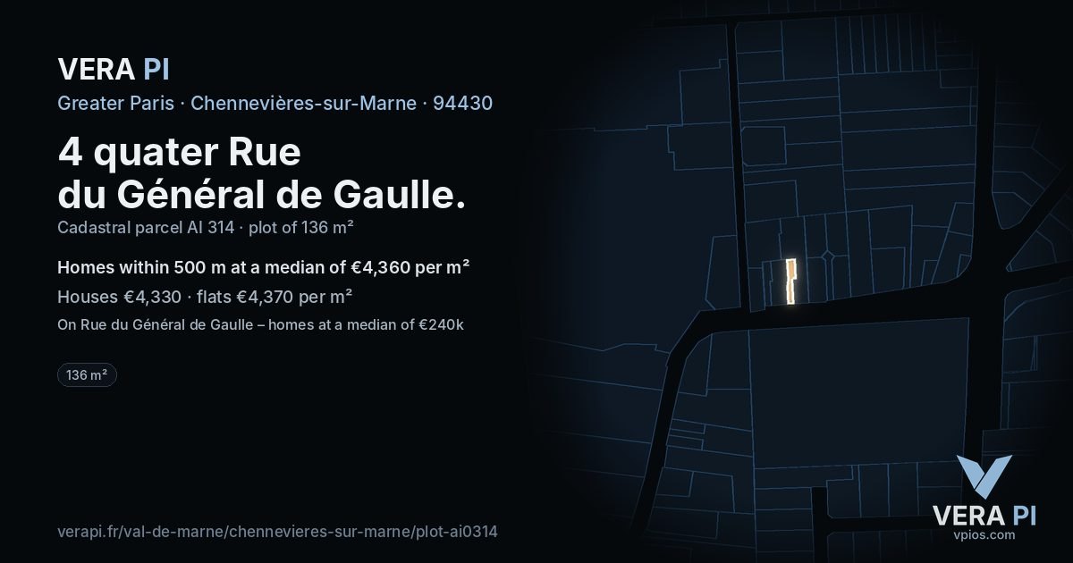 4 quater Rue du Général de Gaulle, Chennevières-sur-Marne at night – the plot lit, the parcels around coloured by the prices near them