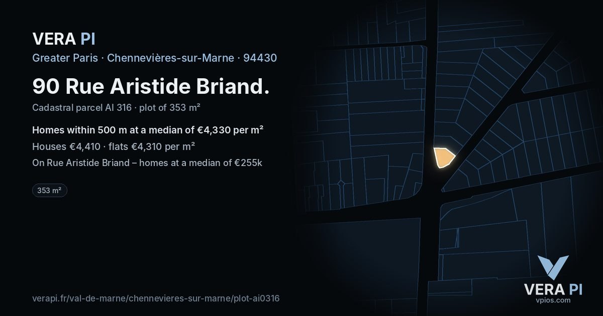 90 Rue Aristide Briand, Chennevières-sur-Marne at night – the plot lit, the parcels around coloured by the prices near them