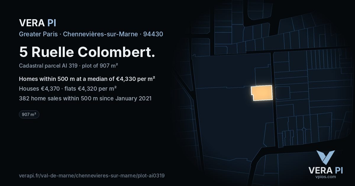 5 Ruelle Colombert, Chennevières-sur-Marne at night – the plot lit, the parcels around coloured by the prices near them