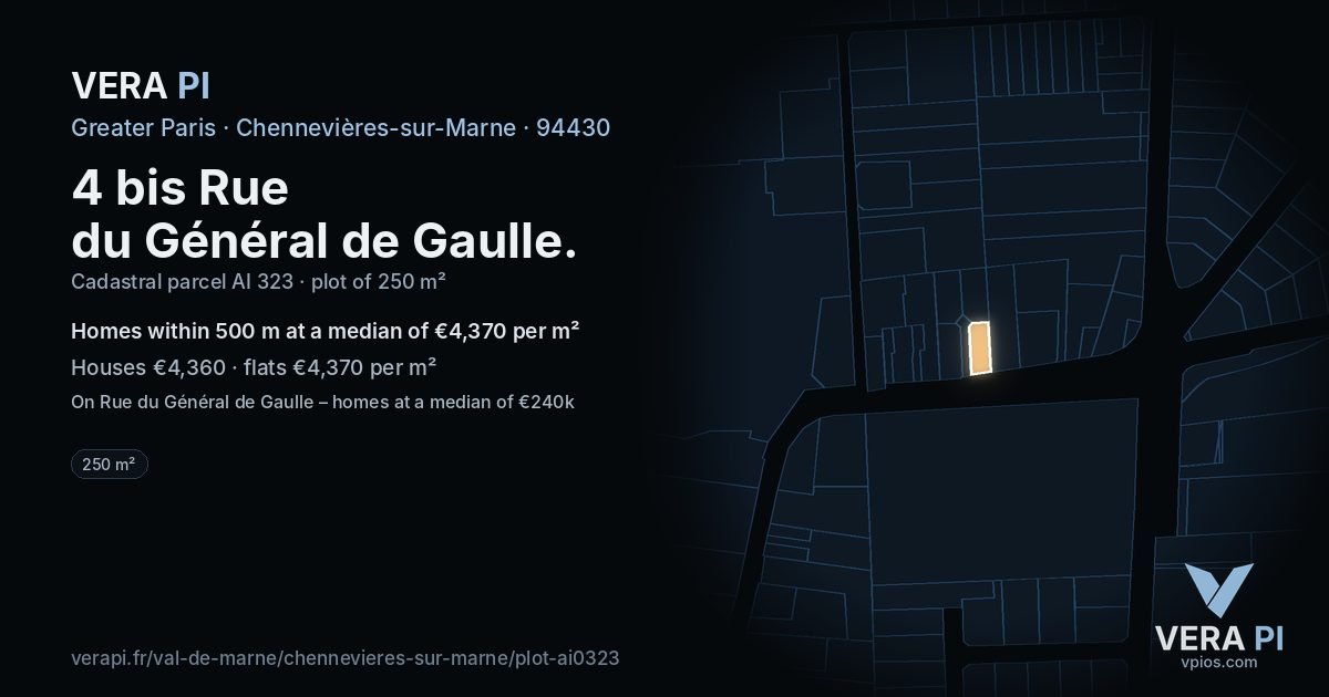 4 bis Rue du Général de Gaulle, Chennevières-sur-Marne at night – the plot lit, the parcels around coloured by the prices near them