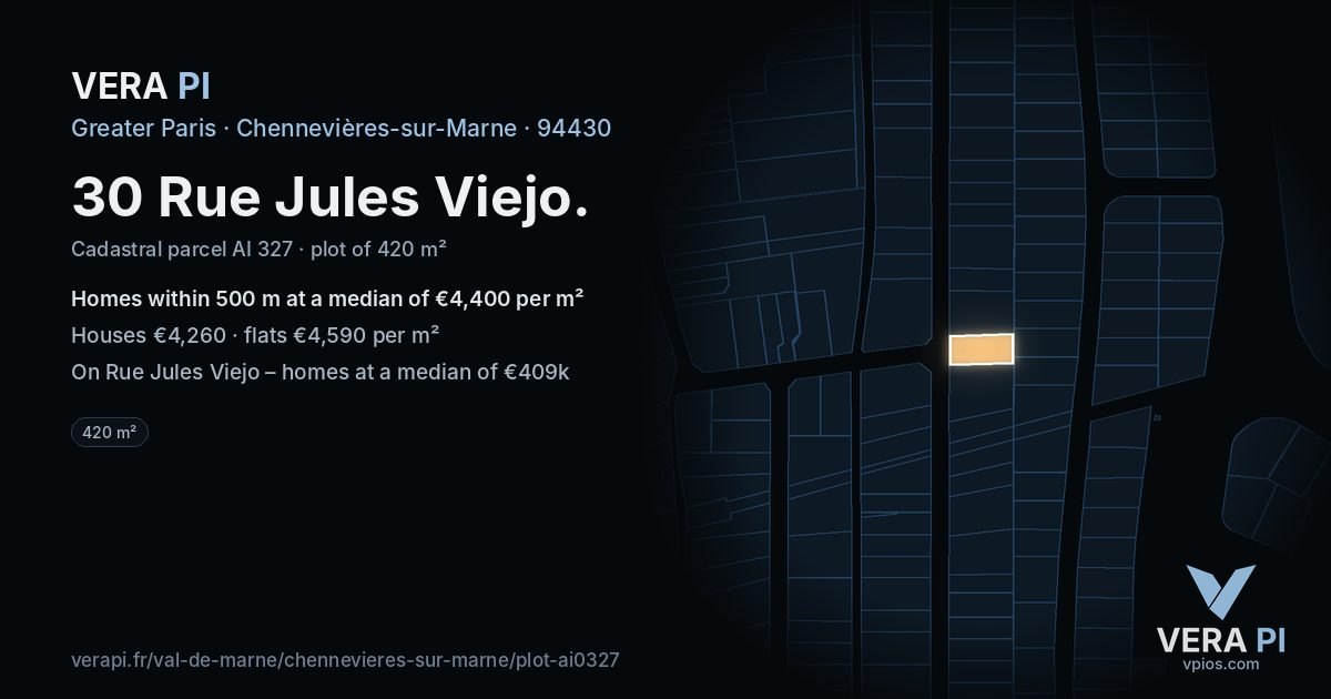 30 Rue Jules Viejo, Chennevières-sur-Marne at night – the plot lit, the parcels around coloured by the prices near them