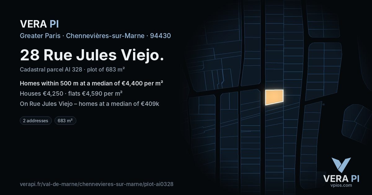 28 Rue Jules Viejo, Chennevières-sur-Marne at night – the plot lit, the parcels around coloured by the prices near them