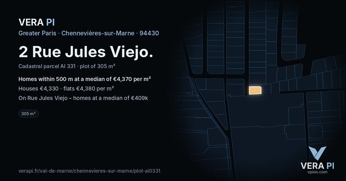 2 Rue Jules Viejo, Chennevières-sur-Marne at night – the plot lit, the parcels around coloured by the prices near them