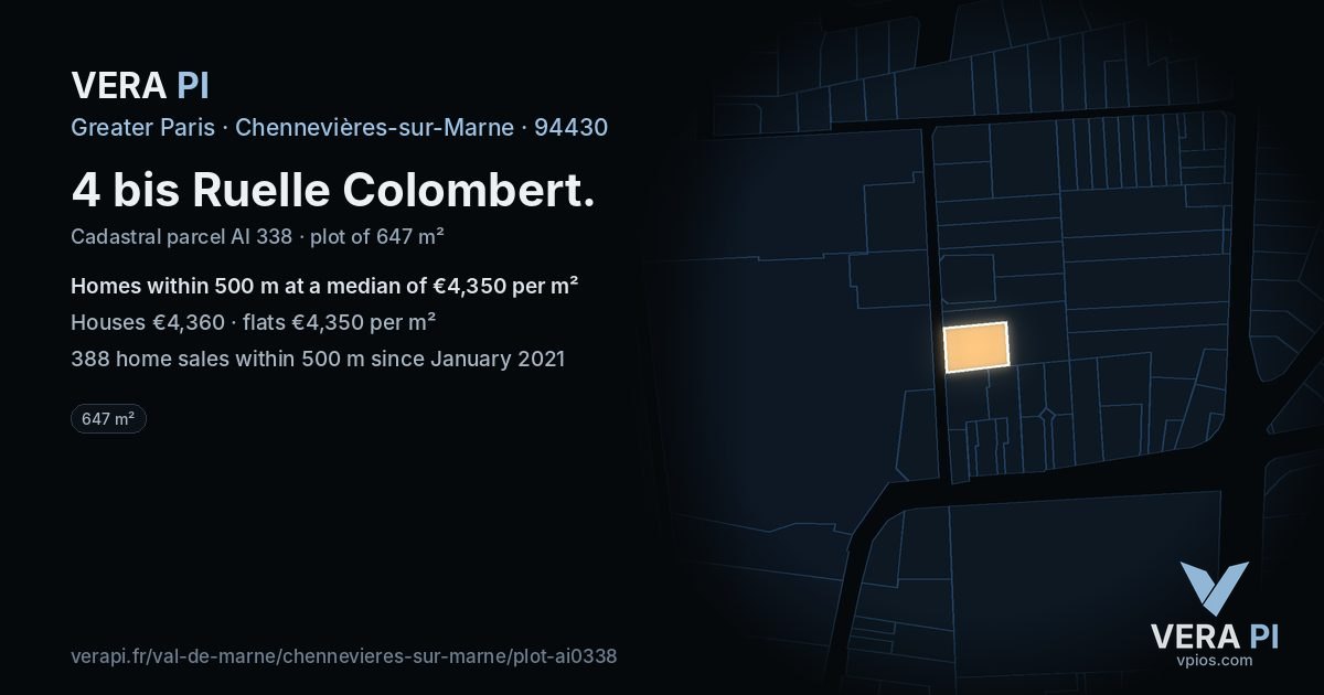 4 bis Ruelle Colombert, Chennevières-sur-Marne at night – the plot lit, the parcels around coloured by the prices near them