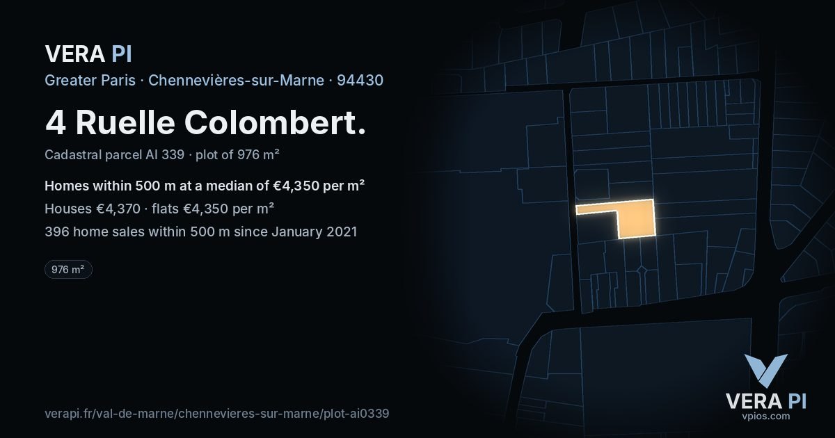 4 Ruelle Colombert, Chennevières-sur-Marne at night – the plot lit, the parcels around coloured by the prices near them