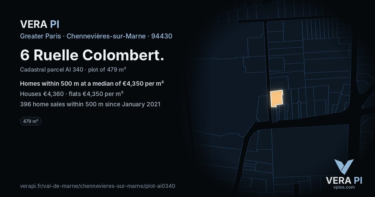 6 Ruelle Colombert, Chennevières-sur-Marne at night – the plot lit, the parcels around coloured by the prices near them