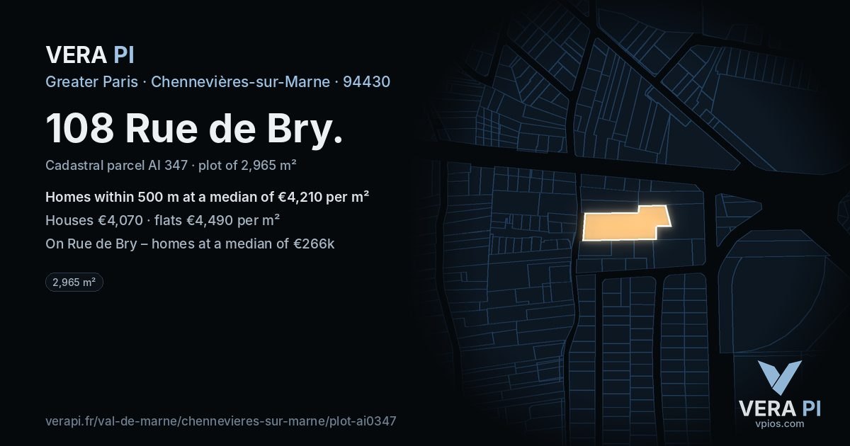 108 Rue de Bry, Chennevières-sur-Marne at night – the plot lit, the parcels around coloured by the prices near them