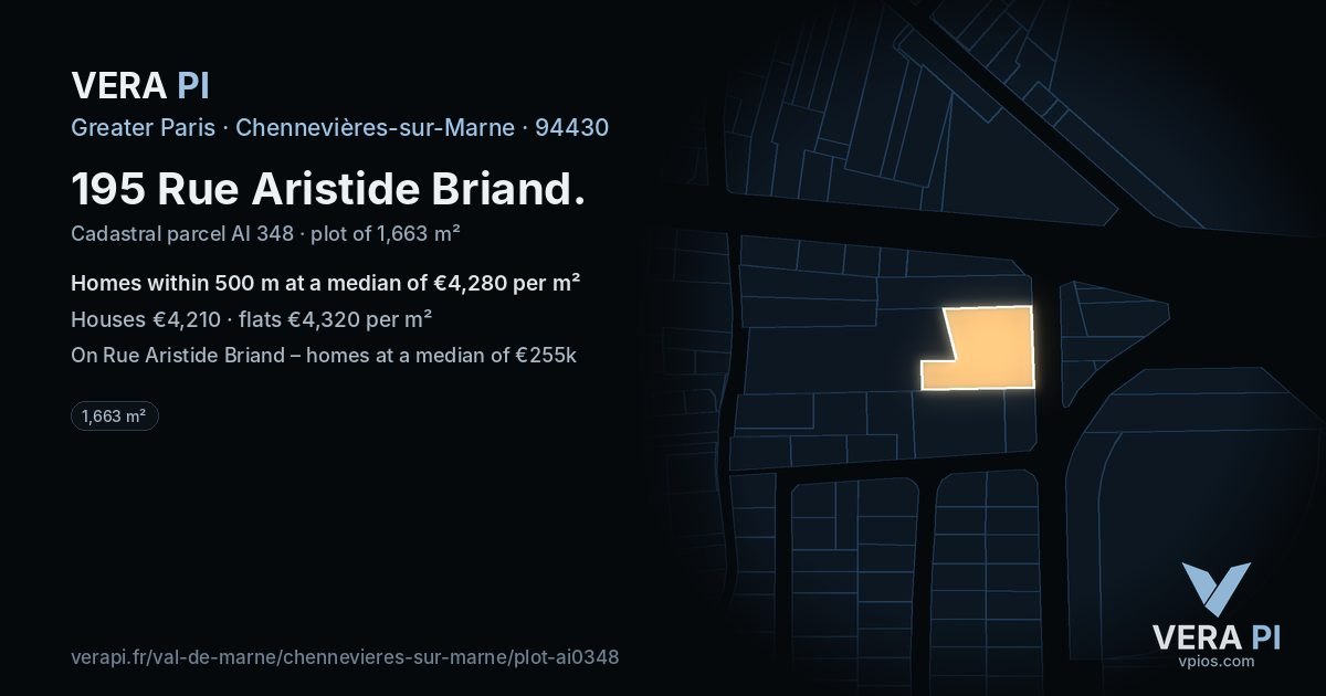 195 Rue Aristide Briand, Chennevières-sur-Marne at night – the plot lit, the parcels around coloured by the prices near them