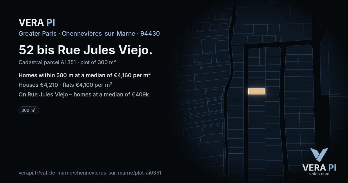 52 bis Rue Jules Viejo, Chennevières-sur-Marne at night – the plot lit, the parcels around coloured by the prices near them