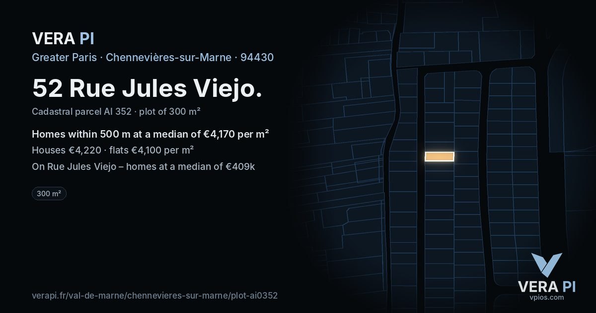 52 Rue Jules Viejo, Chennevières-sur-Marne at night – the plot lit, the parcels around coloured by the prices near them
