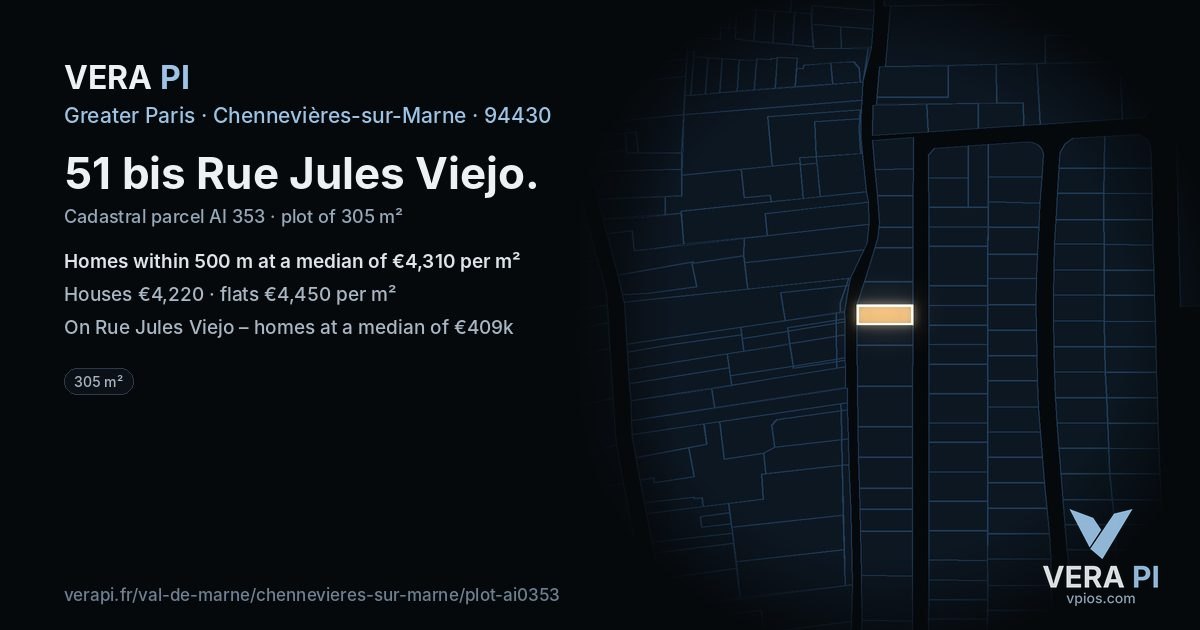 51 bis Rue Jules Viejo, Chennevières-sur-Marne at night – the plot lit, the parcels around coloured by the prices near them