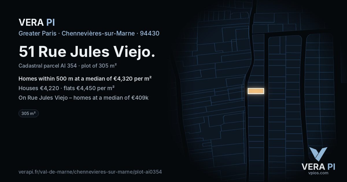 51 Rue Jules Viejo, Chennevières-sur-Marne at night – the plot lit, the parcels around coloured by the prices near them