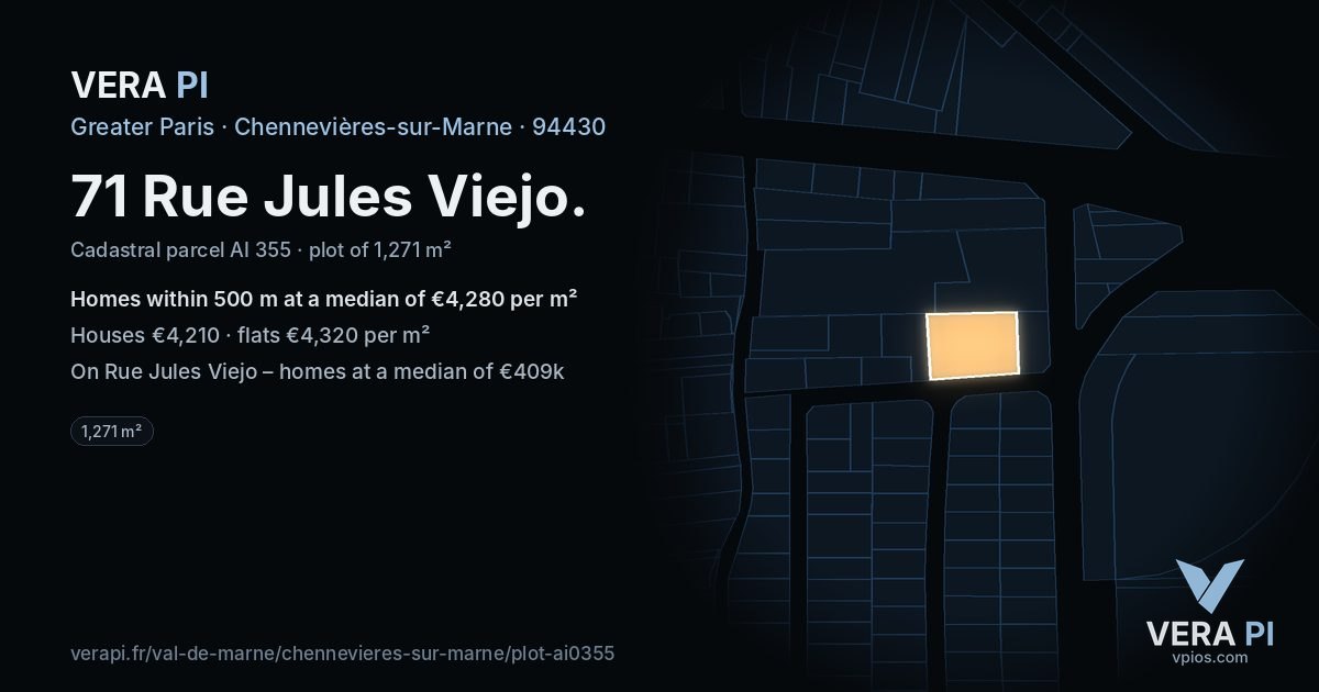 71 Rue Jules Viejo, Chennevières-sur-Marne at night – the plot lit, the parcels around coloured by the prices near them