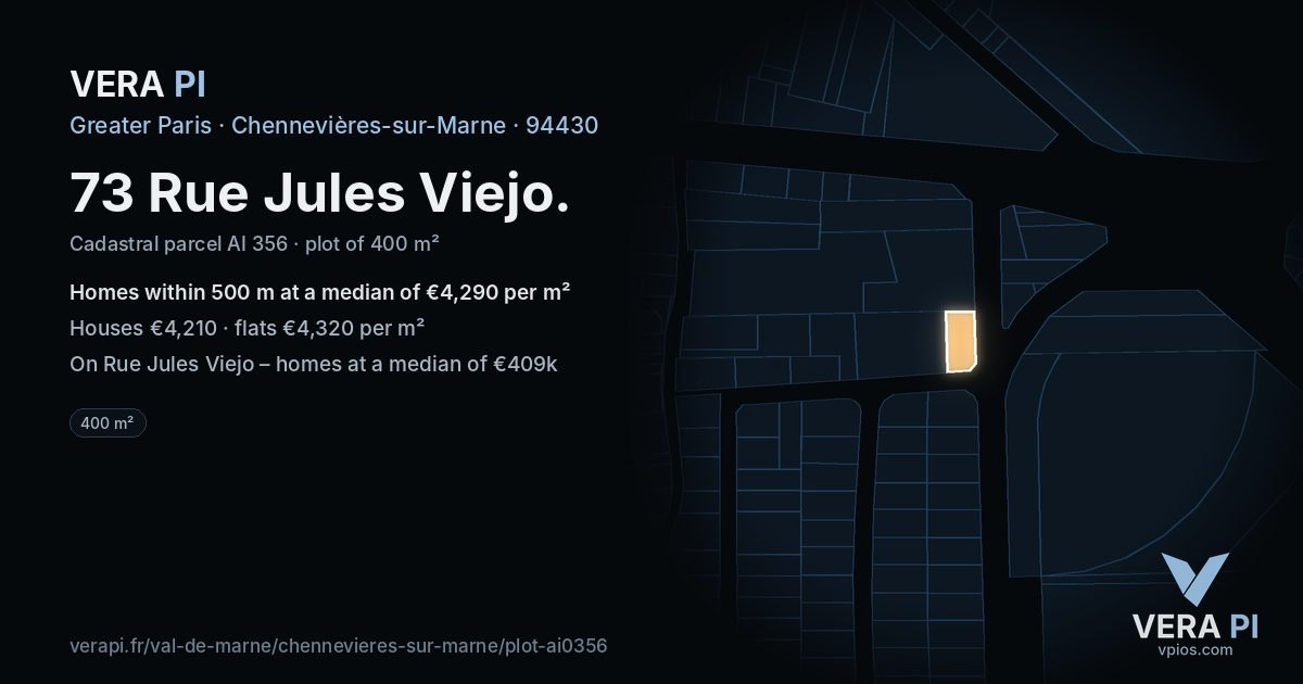 73 Rue Jules Viejo, Chennevières-sur-Marne at night – the plot lit, the parcels around coloured by the prices near them
