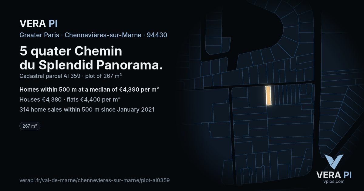 5 quater Chemin du Splendid Panorama, Chennevières-sur-Marne at night – the plot lit, the parcels around coloured by the prices near them