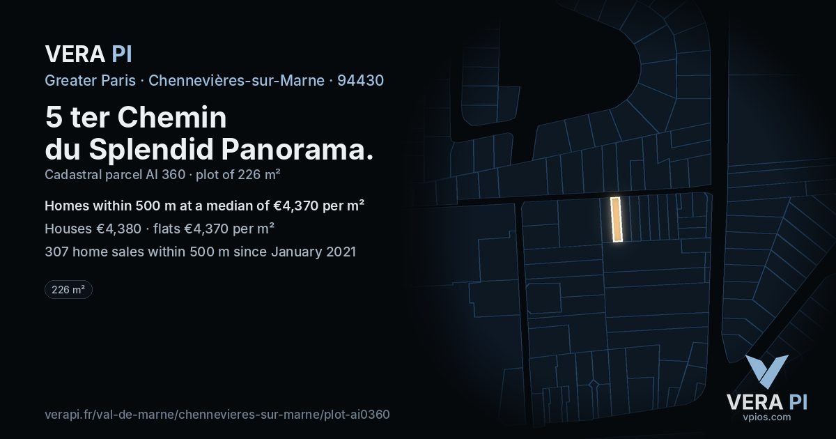 5 ter Chemin du Splendid Panorama, Chennevières-sur-Marne at night – the plot lit, the parcels around coloured by the prices near them